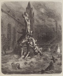 Campesinos franceses refugiándose alrededor de un crucifijo de Gustave Dore